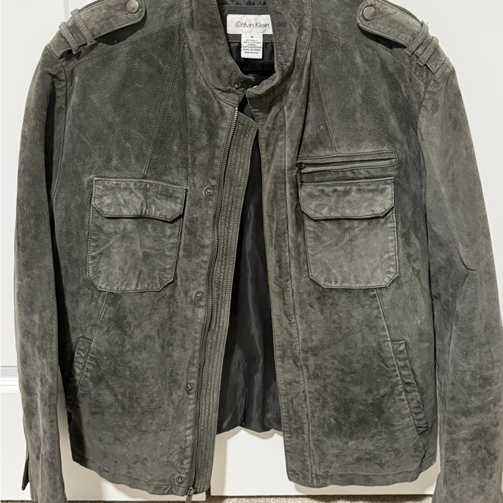 Calvin Klein Men's Military Style Suede Jacket in Gray